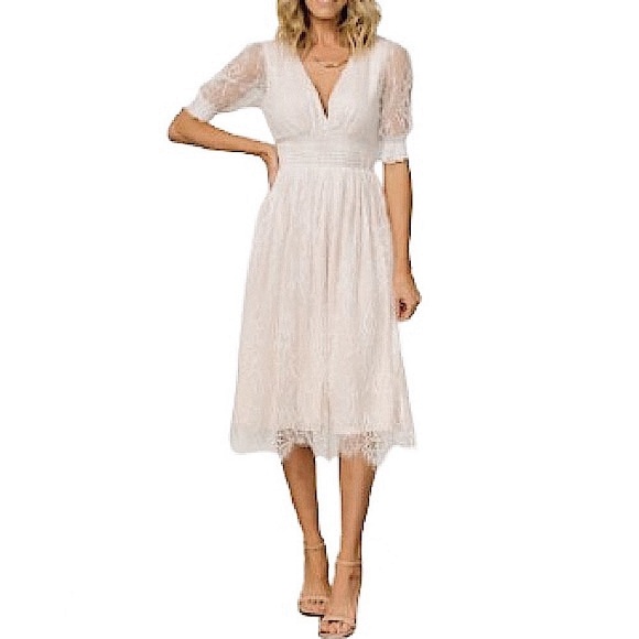 👗🕊️ NWT - BALTIC BORN Elaina Lace Tulle Midi Dress | Cream Peach Off-White Sz 3X - Picture 3 of 8
